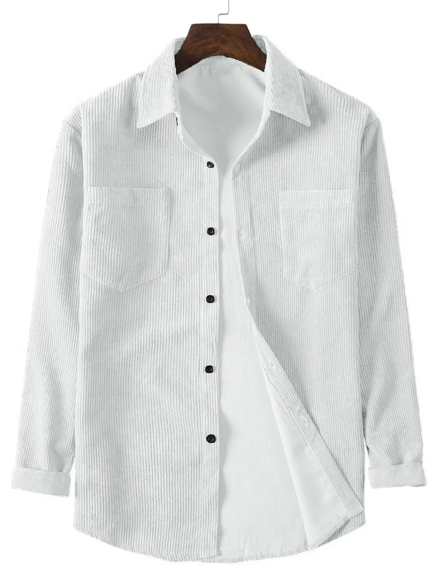 Men's white corduroy long-sleeve shirt with button front and chest patch pockets