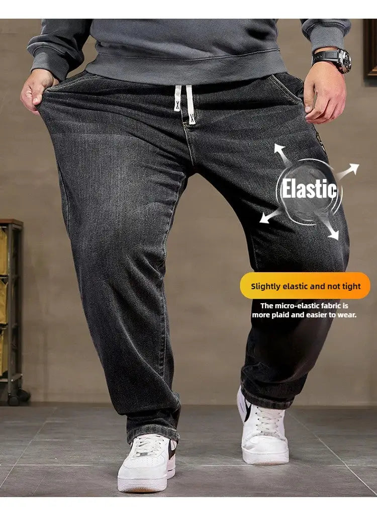 Men's extra-big black denim jeans with high-elastic waist, baggy loose fit (8XL/6XL) by Simples Market