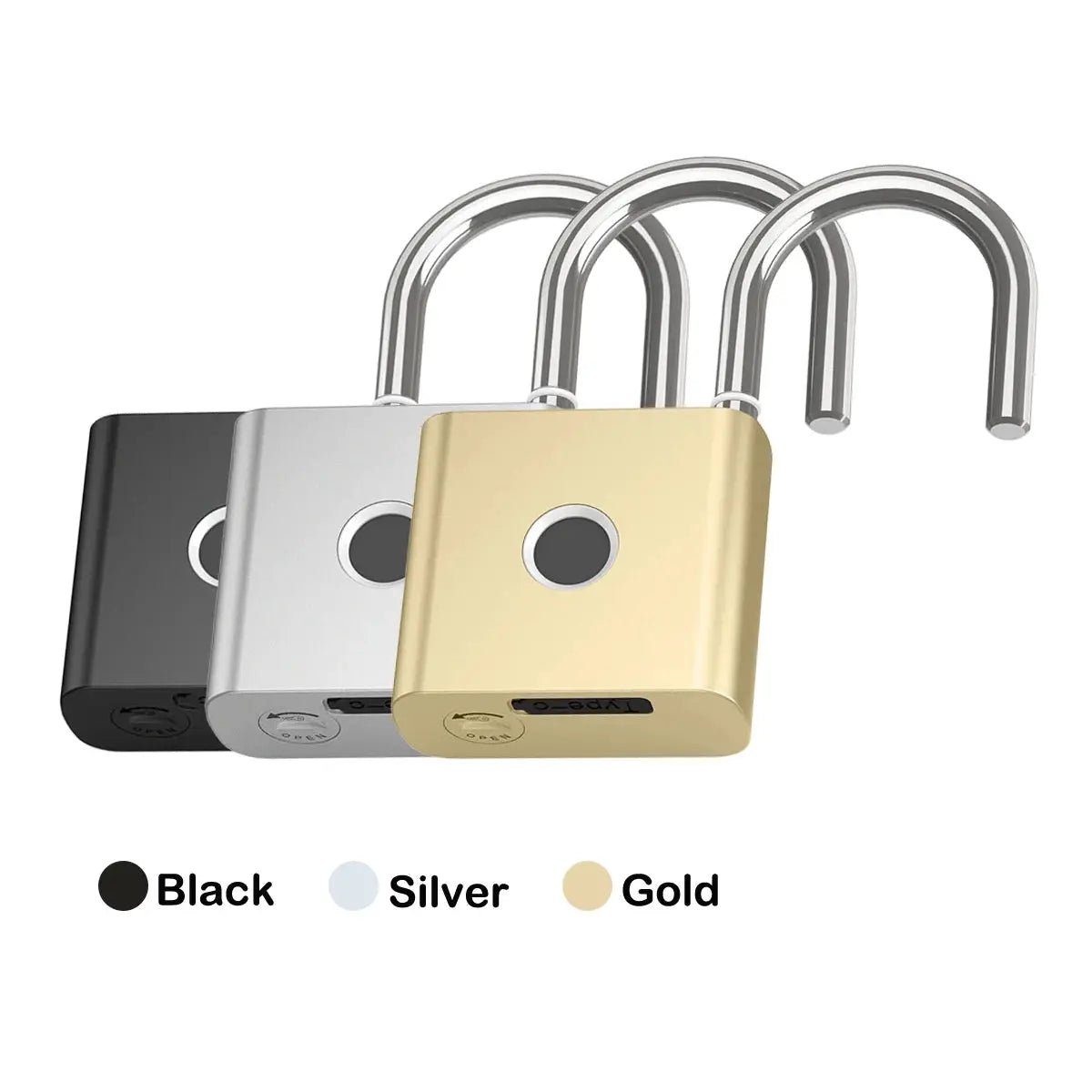RAYKUBE Tuya smart padlock set of three; fingerprint sensor, USB charging; colors black, silver, gold.