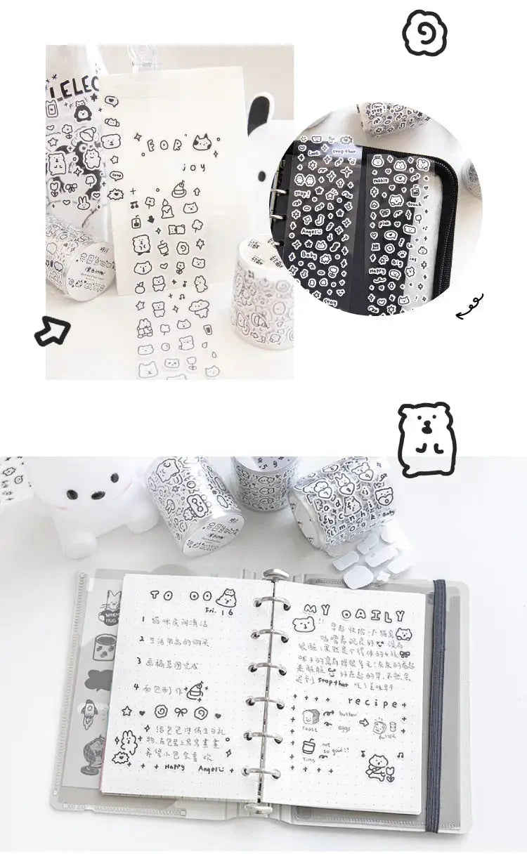 Mr.paper 200cm hand-drawn pattern tape by Simples Market; white doodle tape rolls for cute planner stickers.