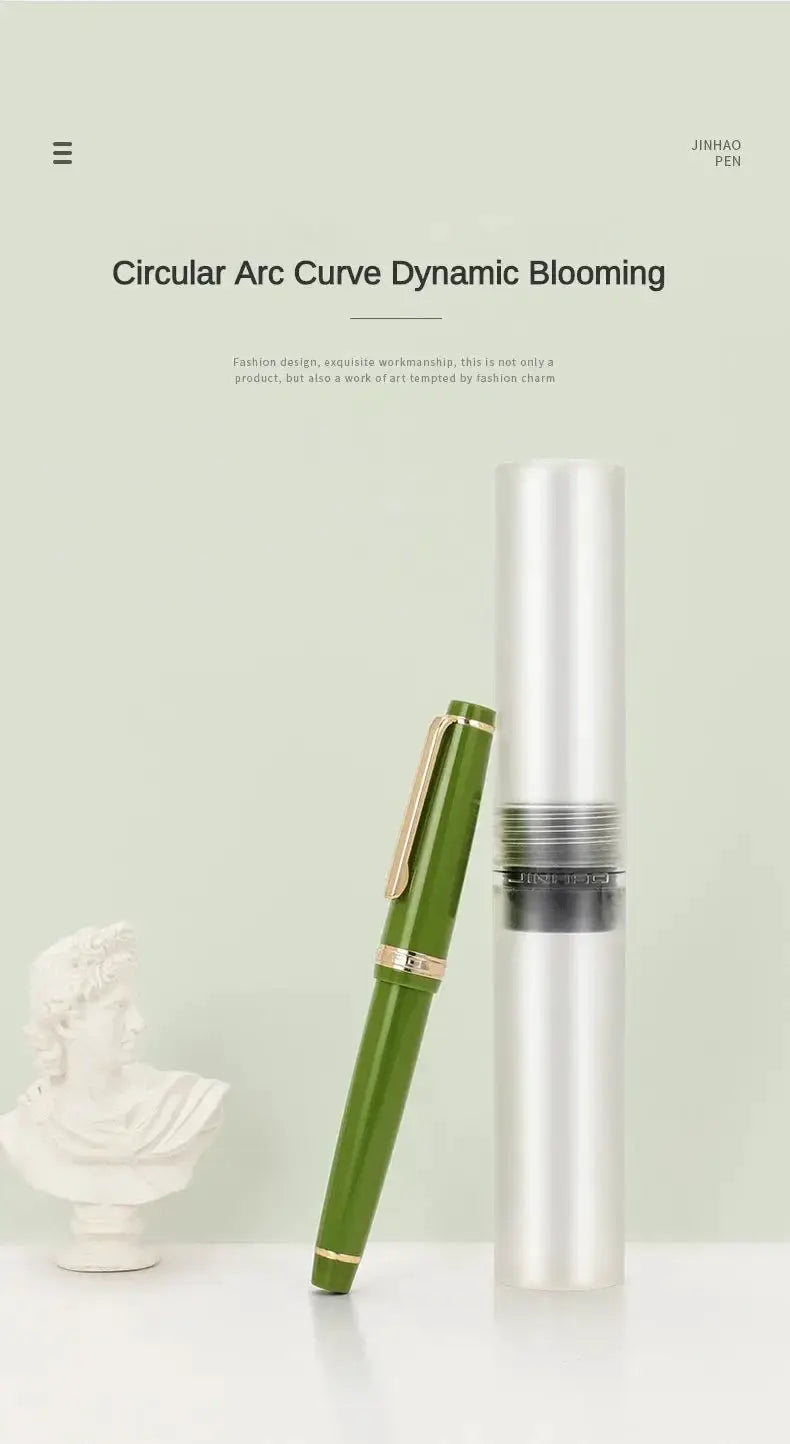 Jinhao 82 green fountain pen with gold trim beside a silver cylindrical case