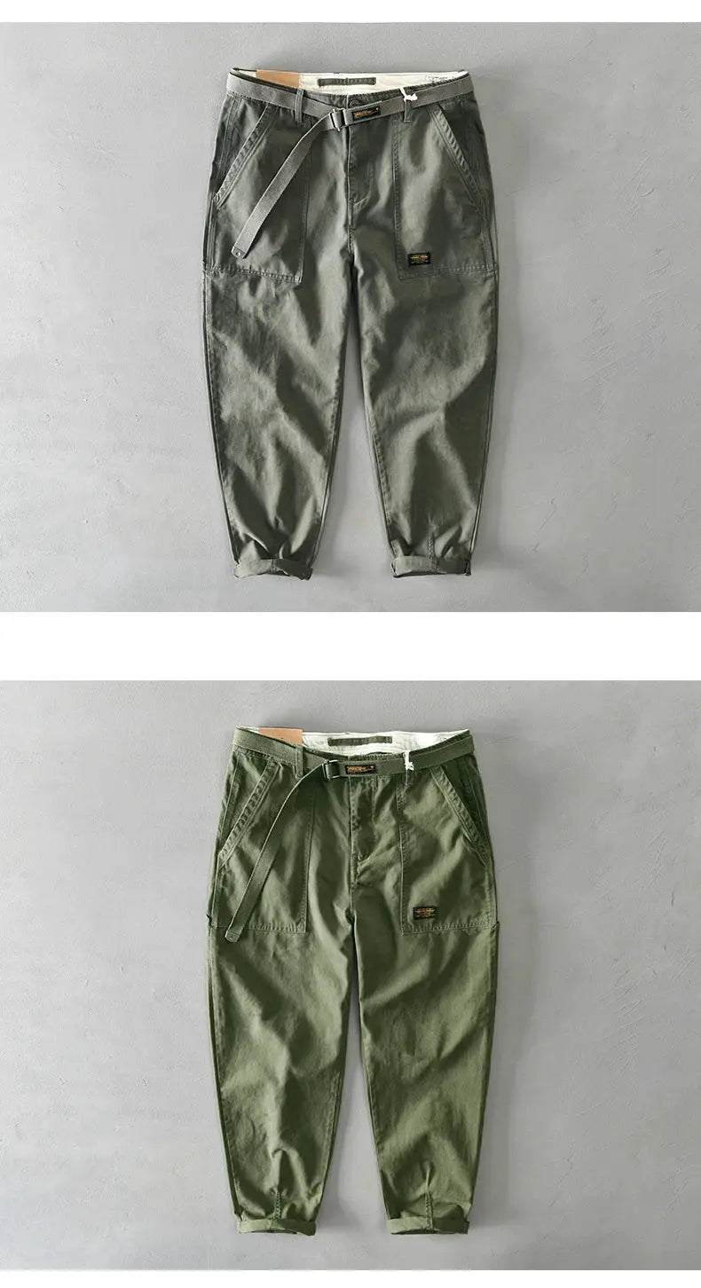 Two Simples Market men's cotton cargo pants in khaki and olive with large pockets and belt