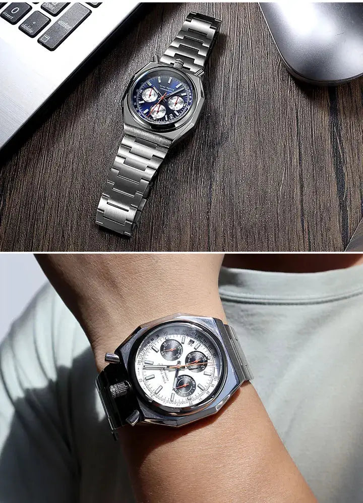 MINI FOCUS chronograph men's watches, 2 stainless steel timepieces with blue and white dials