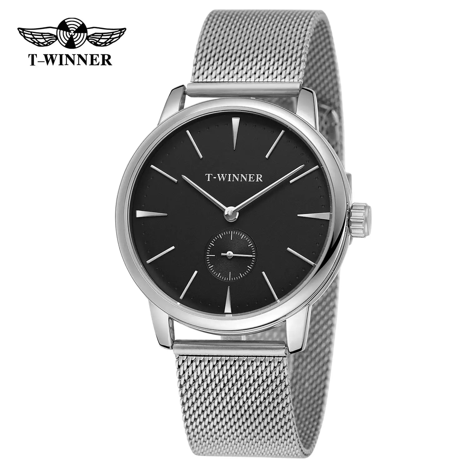 Men's T-WINNER wristwatch with mesh stainless-steel band and black dial, silver case