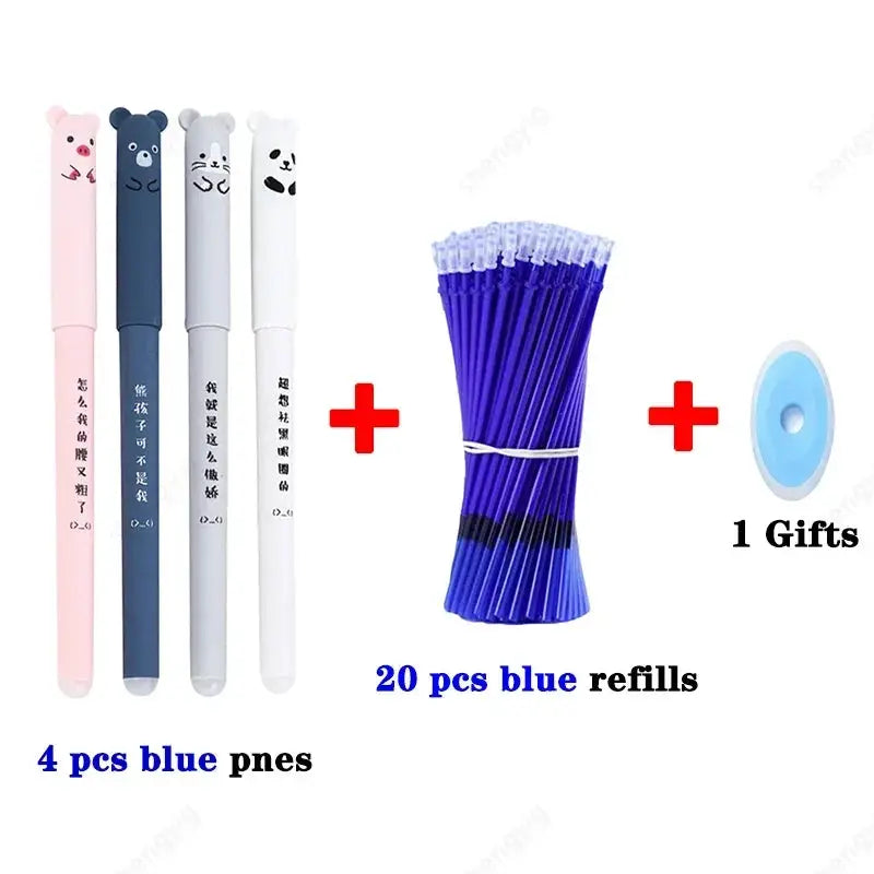 Kawaii erasable gel pen set, 4 pastel bear-cap pens with faces, plus 20 blue refills and a gift item