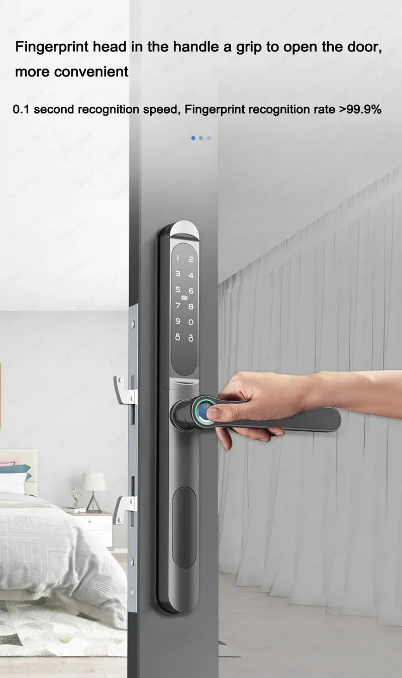 Slim 2.8cm smart lock with fingerprint reader and numeric keypad on a door