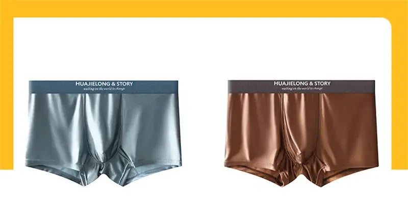 Men's satin boxers in blue-silver and bronze with HUAJIELONG & STORY waistband; 2-pack