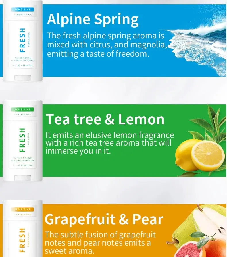Deodorants: three aluminum-free sticks in Alpine Spring, Tea Tree & Lemon, Grapefruit & Pear scents.