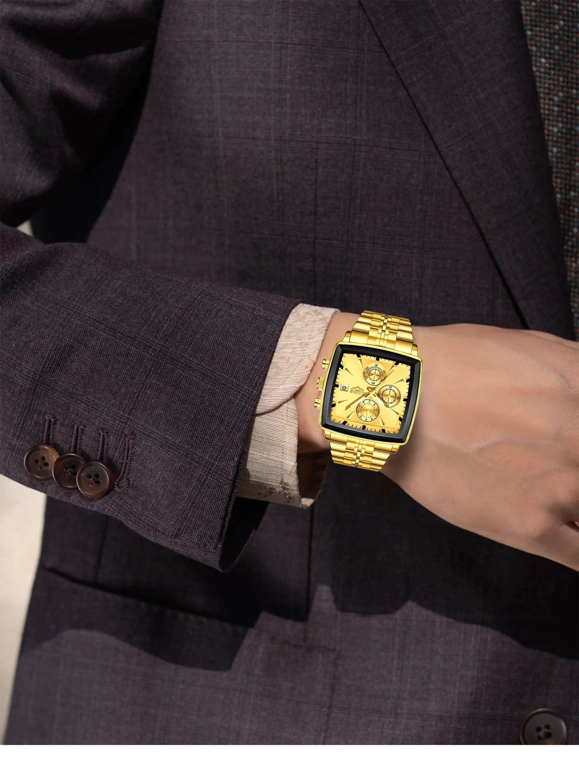 LIGE men's gold-tone square-dial watch with stainless steel bracelet on the wrist, boxed