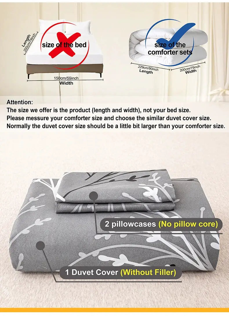 Simples Market grey leaf-pattern duvet cover set with 1 duvet cover and 2 pillowcases
