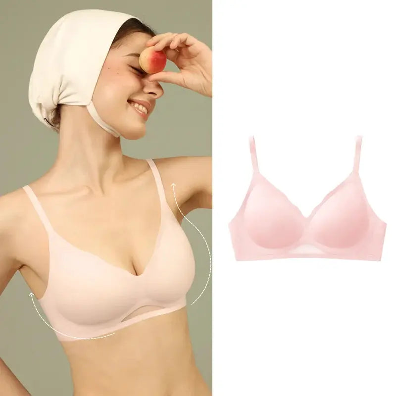 Two SUJIIN seamless wireless push-up bras by Simples Market; pale pink shade