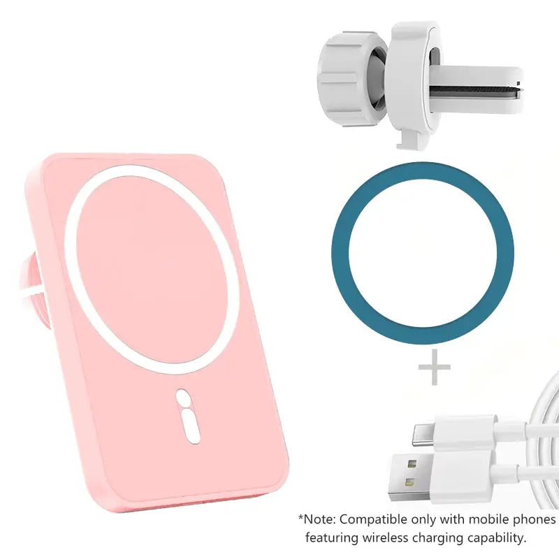 HOMEFISH magnetic car wireless charger by Simples Market, pink phone holder with mount and USB cable