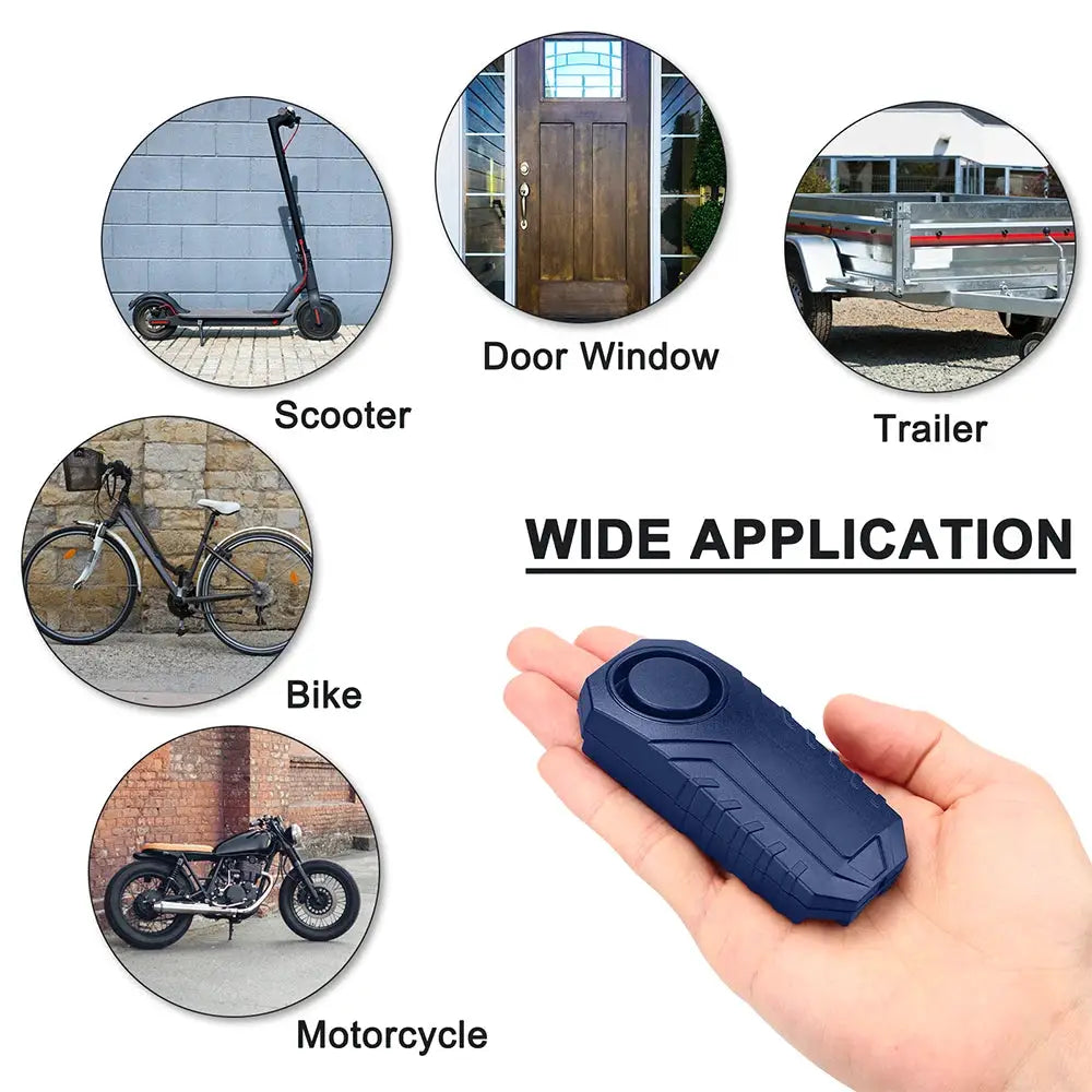 113dB bike anti-theft alarm by Simples Market, blue wireless remote, for scooter, bike and motorcycle.