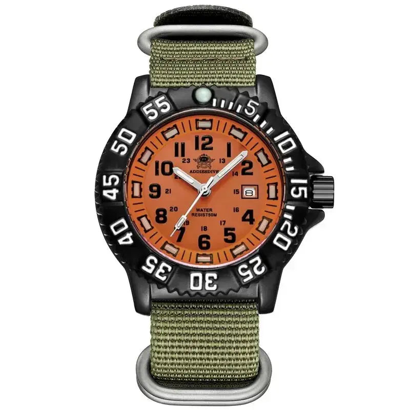 Addies men’s military watch with orange dial, black bezel and olive nylon strap