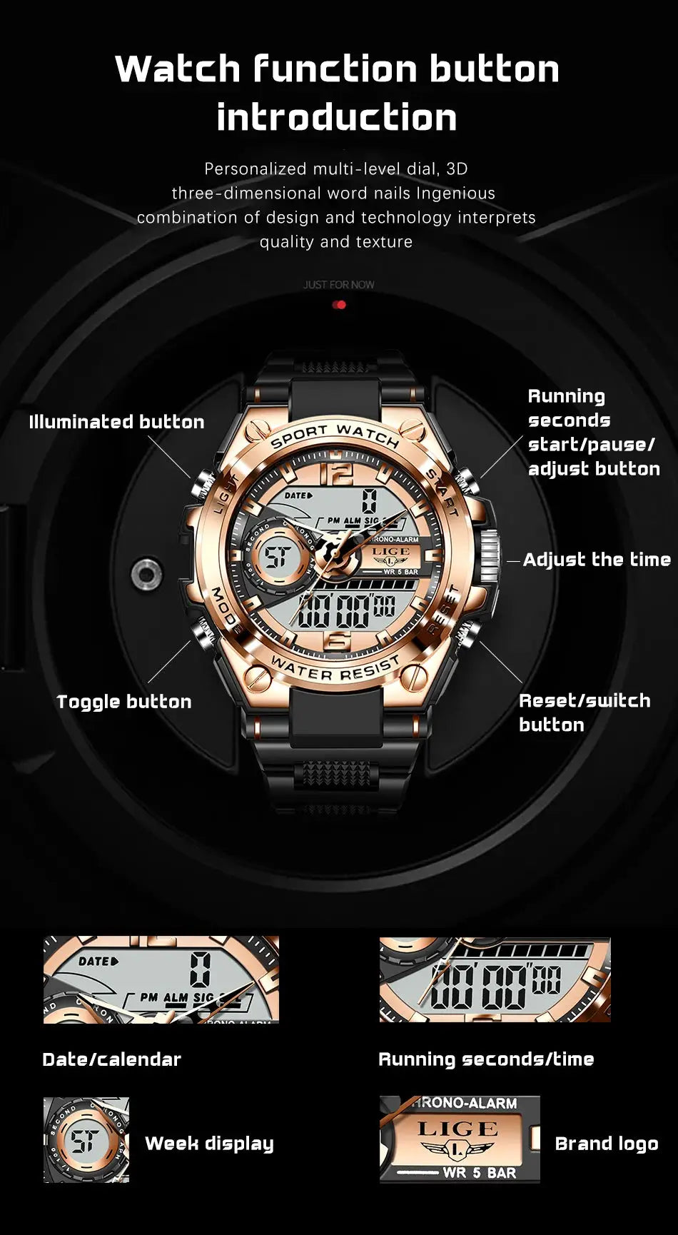 LIGE men's military digital watch, rose-gold case with black strap, 50m water resistant
