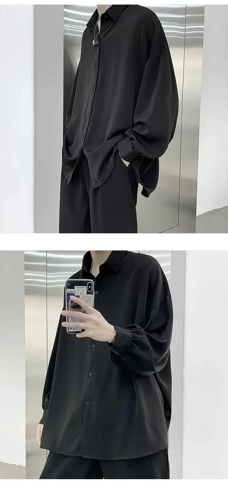 Korean style black oversized long-sleeve shirt with button-down front, casual relaxed fit