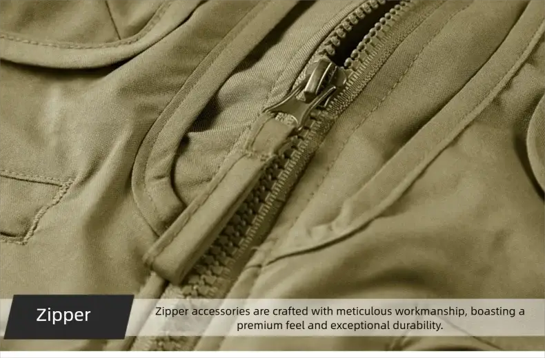Men's olive green outdoor vest zipper close-up, showing sturdy fabric and zipper detail
