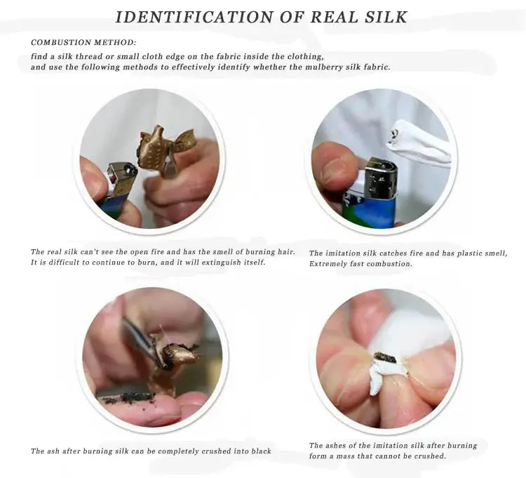 Identification of real silk infographic with four circular burn-test photos.