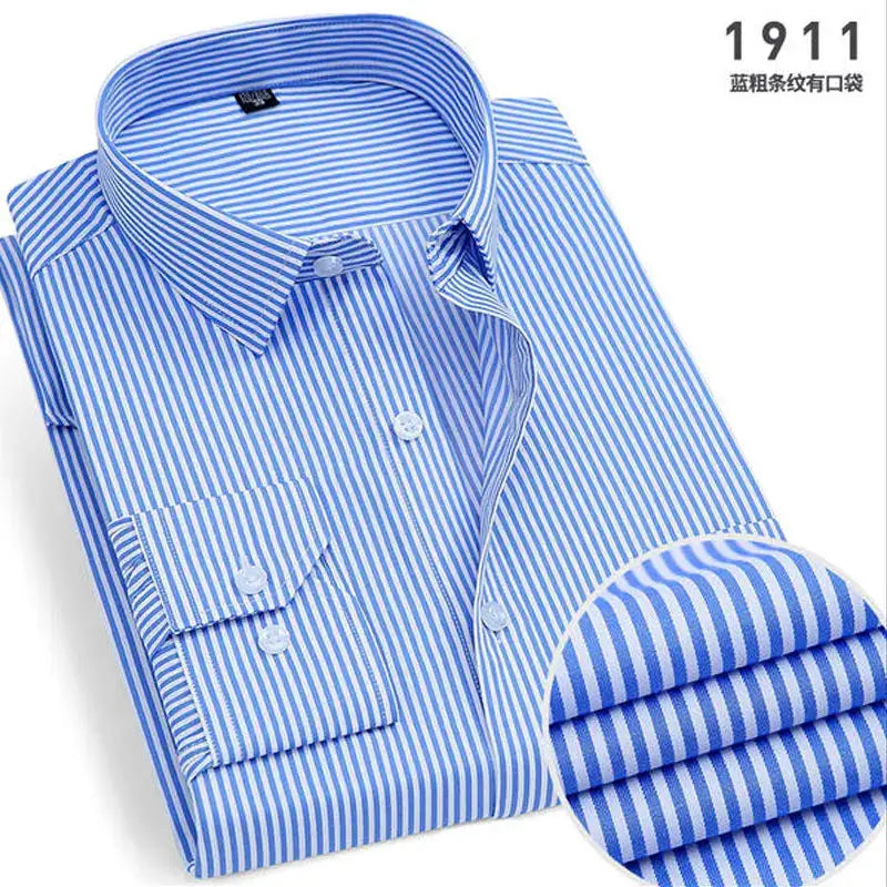 Men's long-sleeve blue striped shirt with white buttons and chest pocket, Simples Market