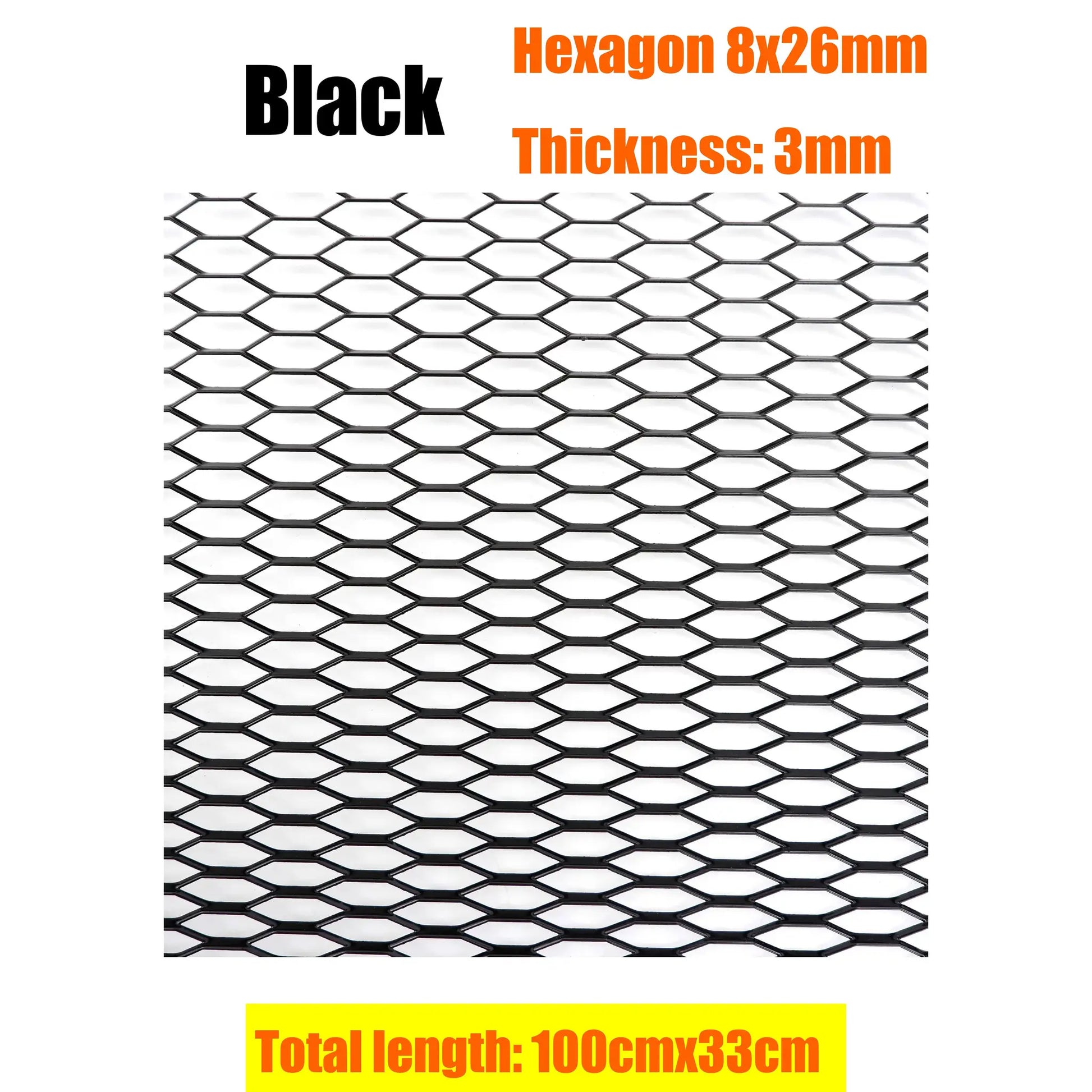 Aluminium hexagonal bumper grille mesh for car, black, 100x33 cm, 3 mm thick