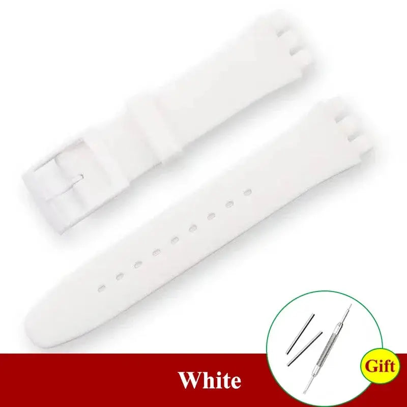 White silicone watch band pair for Swatch, 16–20mm replacement strap by Simples Market.