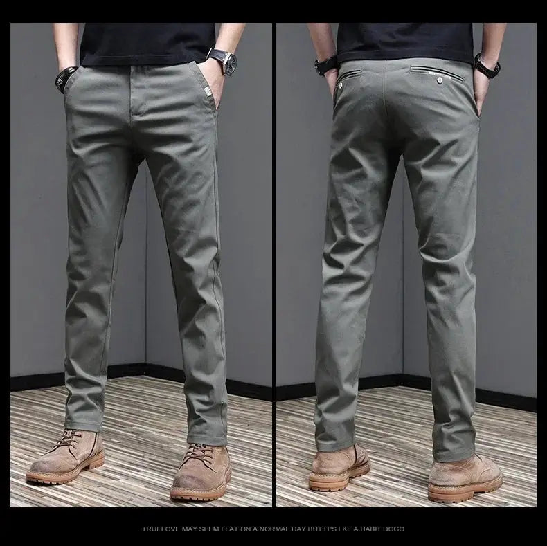 Men's slim-fit casual pants in gray, 97.8% cotton stretch fabric with side pockets