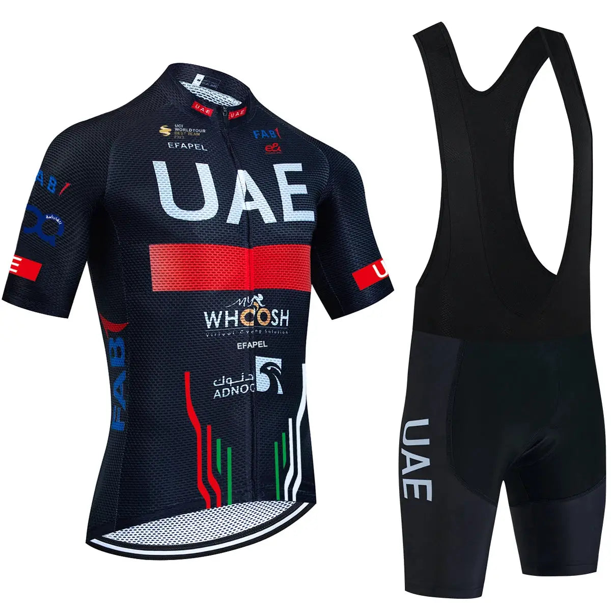 Simples Market UAE cycling jersey set, 2-piece men's navy MTB kit with UAE branding and bib shorts