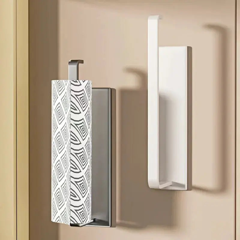 Simples Market wall-mounted kitchen paper towel holder set, white with magnetic mount and 2-piece side cabinet organizer.