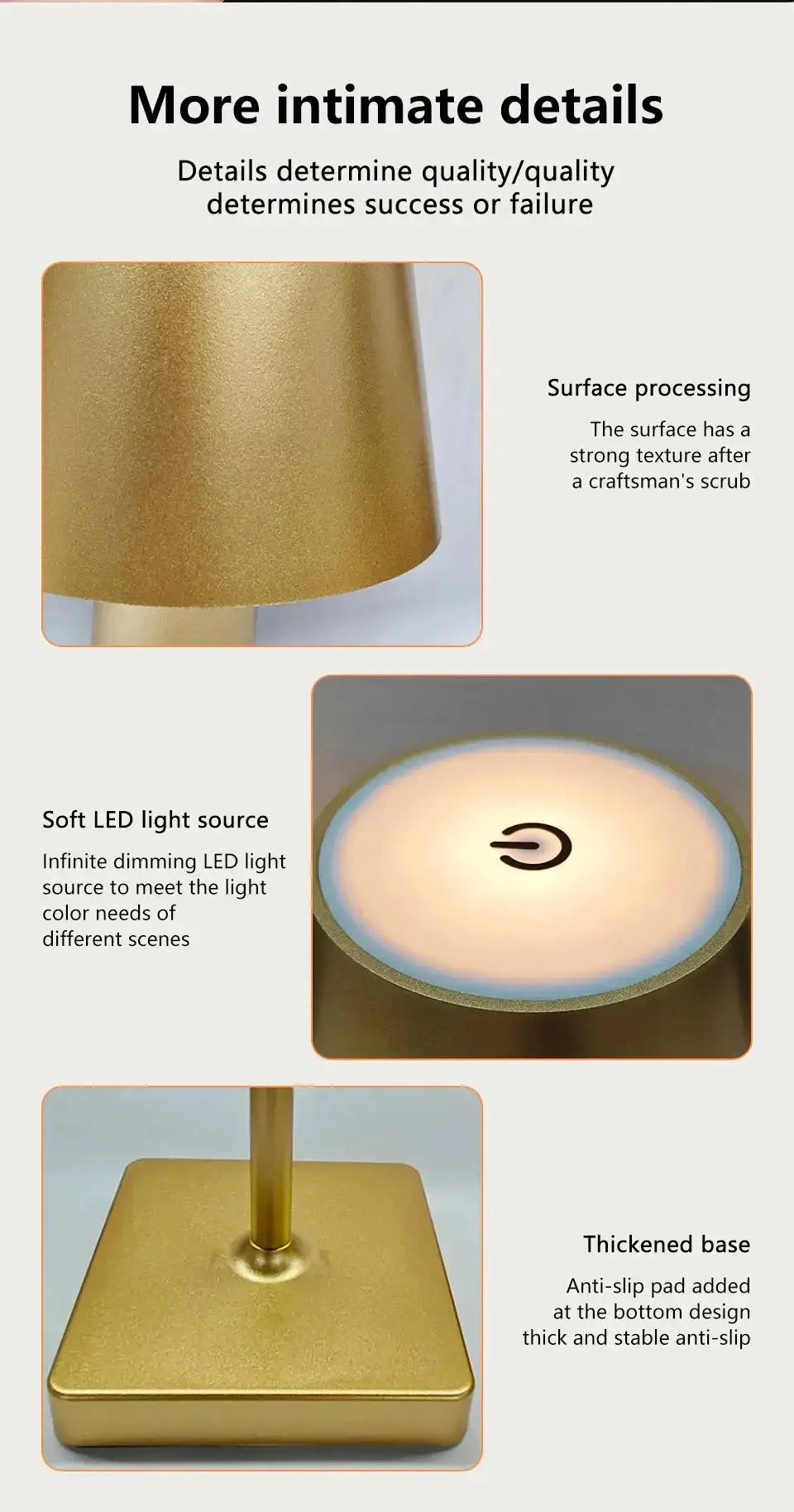 LED desk lamp with gold textured finish, soft dimmable LED light for ambient mood, and thick square base.