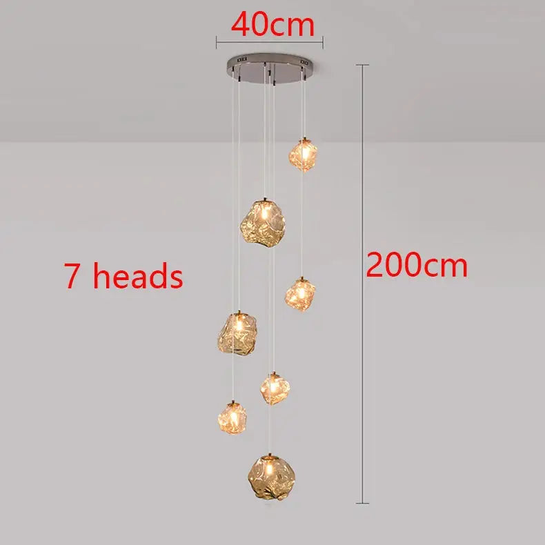 Simples Market 7-head modern pendant light with glass globes on cords, 40cm canopy, 200cm drop