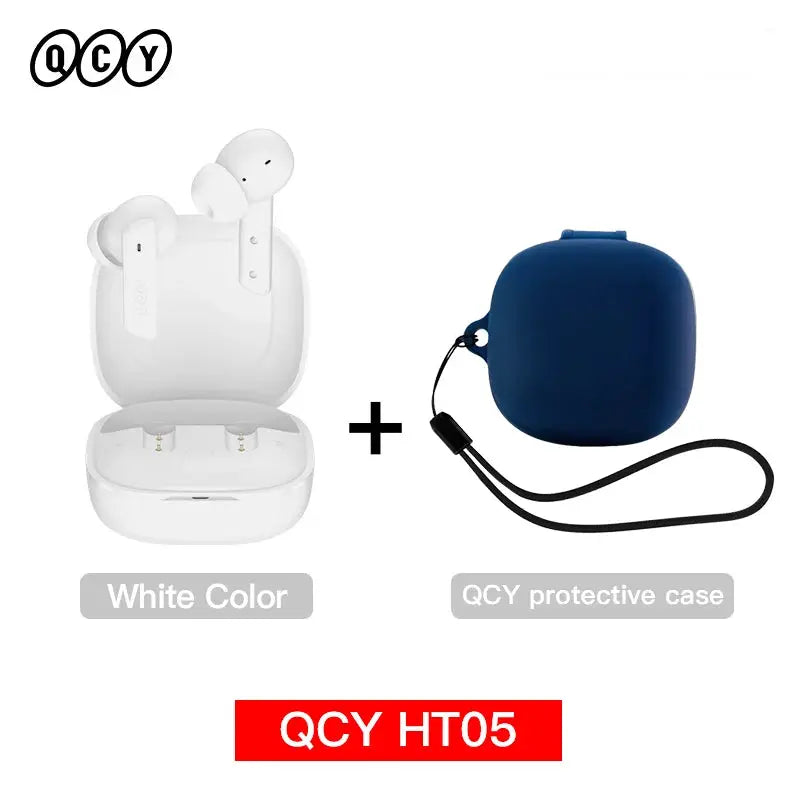 QCY HT05 wireless earbuds in white charging case and blue protective case (2 items)