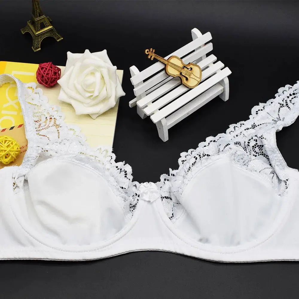 White lace underwire bra with satin cups and floral trim