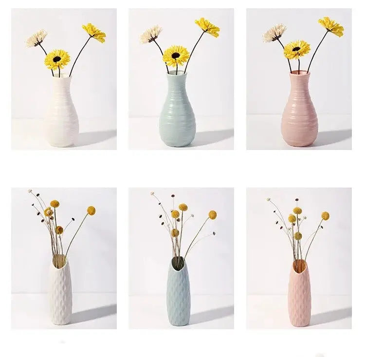 Nordic plastic vase set; six pastel vases in white, pale blue and pink with flowers