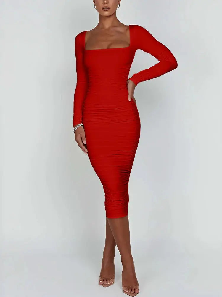 Autumn Winter Women Bodycon Dress Square Neck Long Sleeve Evening