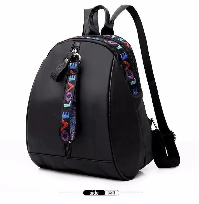 Women’s black backpack with colorful LOVE strap, casual school bag
