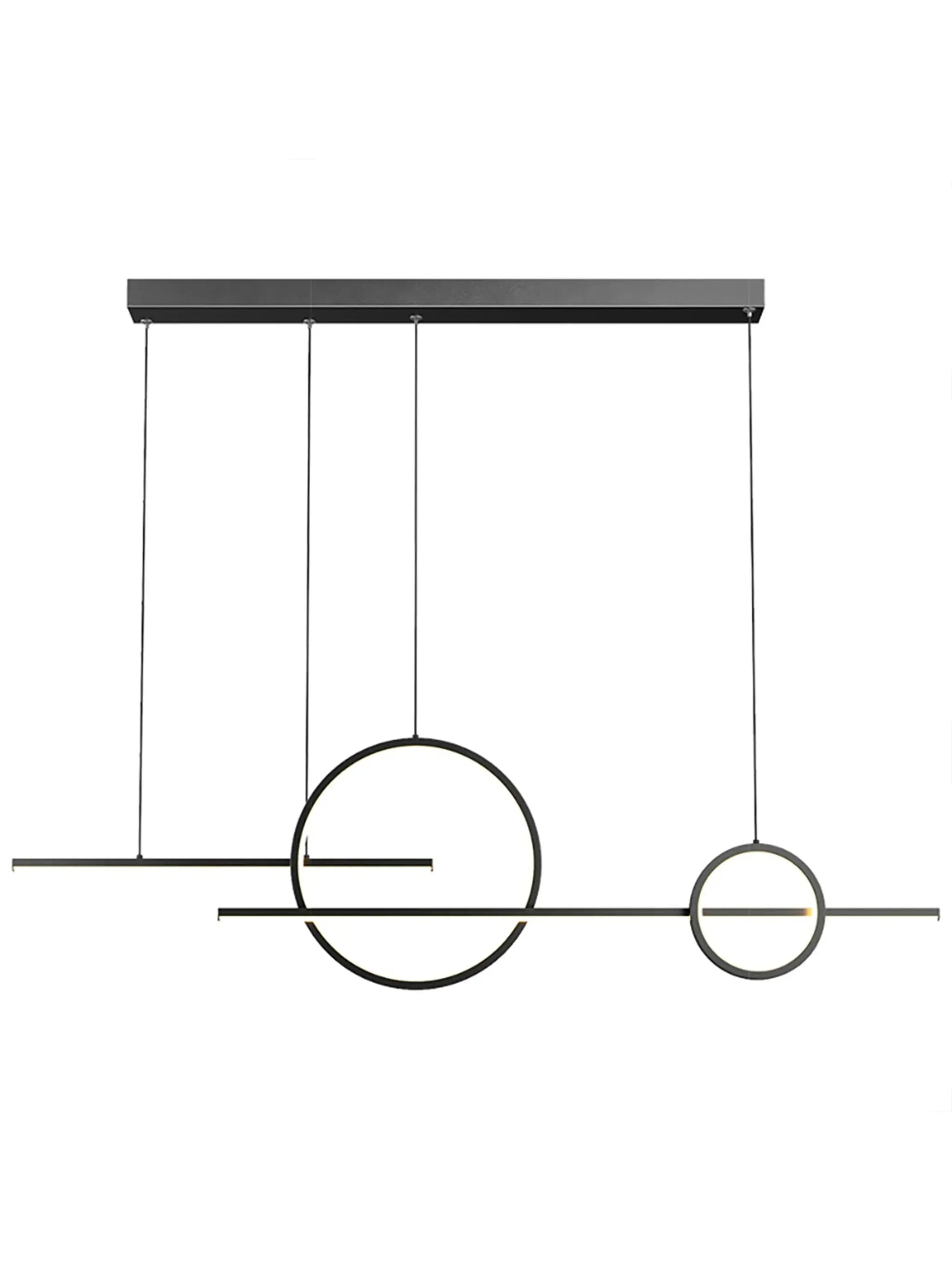 Modern LED chandelier with black metal circular ring pendants suspended from a slim ceiling bar.