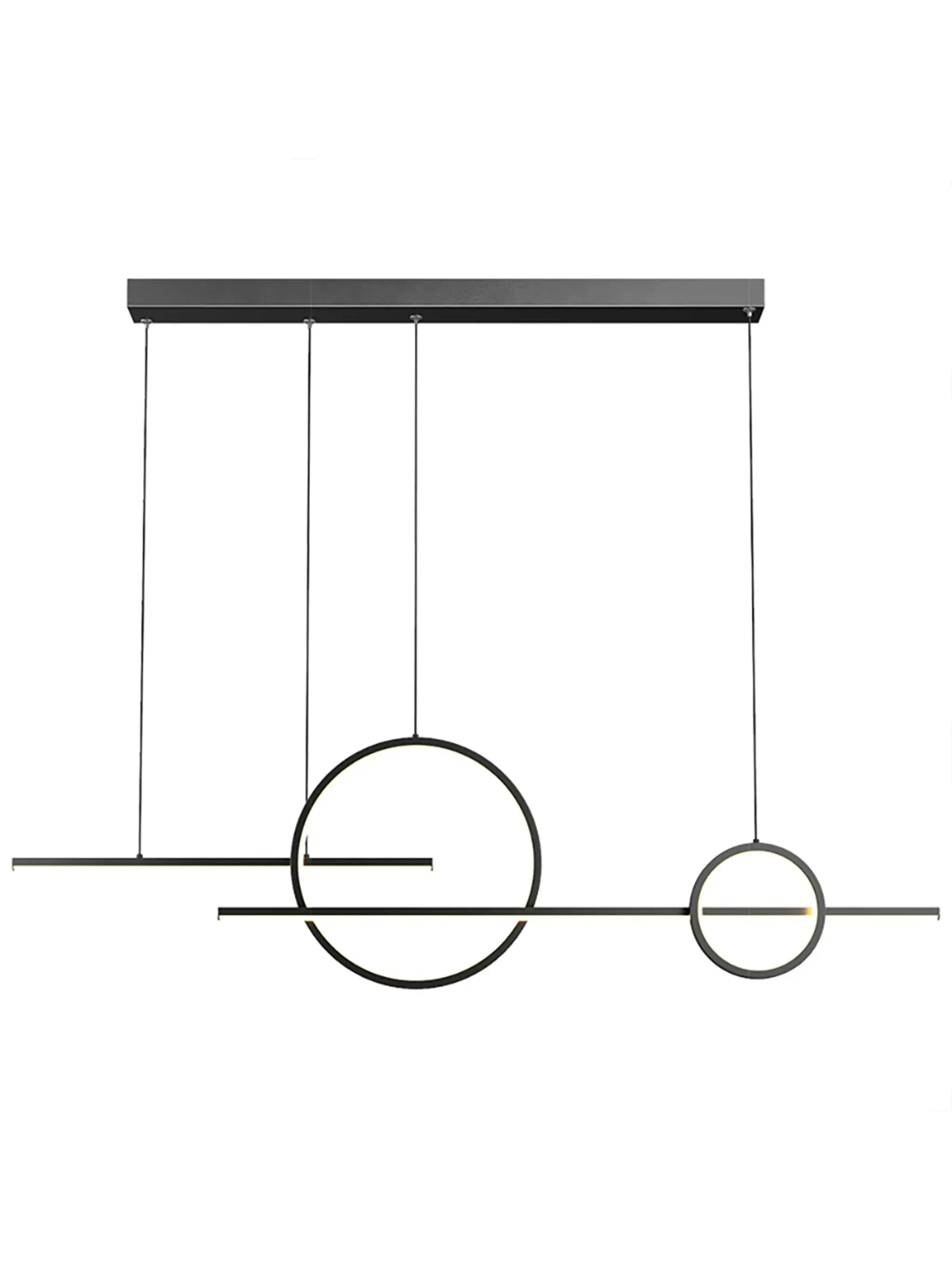 Modern LED chandelier with black metal circular ring pendants suspended from a slim ceiling bar.