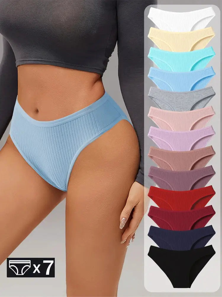 7Pcs women's panties set; ribbed cotton, low-rise briefs in assorted colors