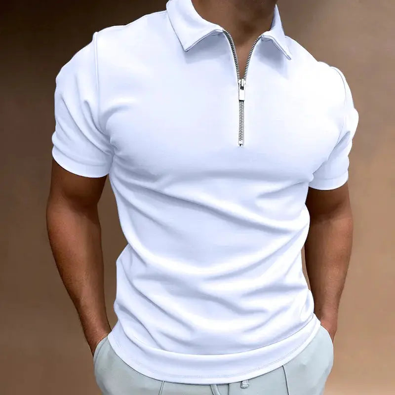 Men's white polo shirt with short sleeves and zip-front turn-down collar, Simples Market