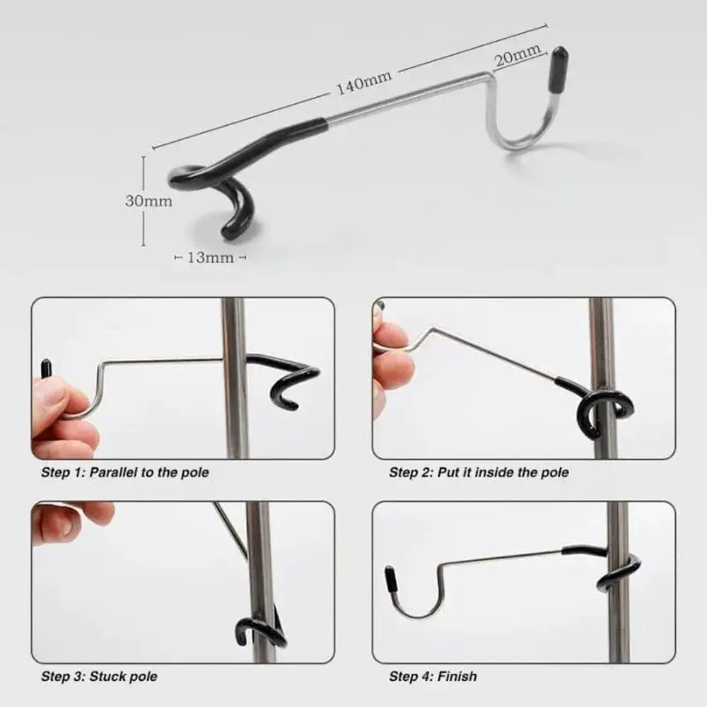 Light stand holder hook for tent poles; portable lamp hanger for camping, metal silver with black tip.