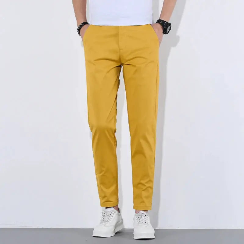 HIQOR men's casual cotton trousers mustard yellow long pants