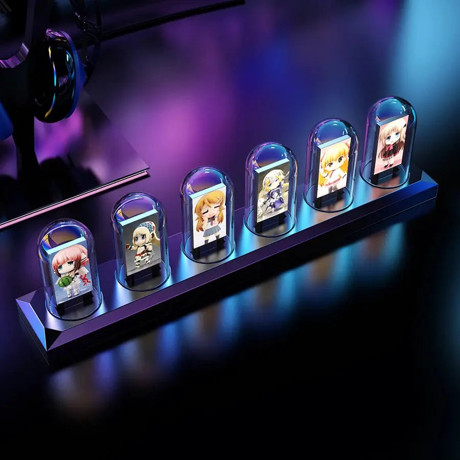 RGB Nixie Tube Clock with 7 anime figurines on a blue glow base Simples Market
