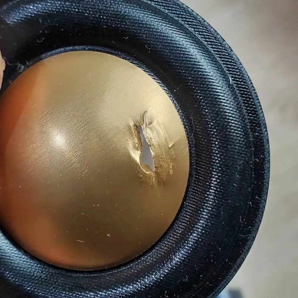 Pair of MeloDavid CB25M copper-beryllium alloy car tweeters with gold dome, damaged center