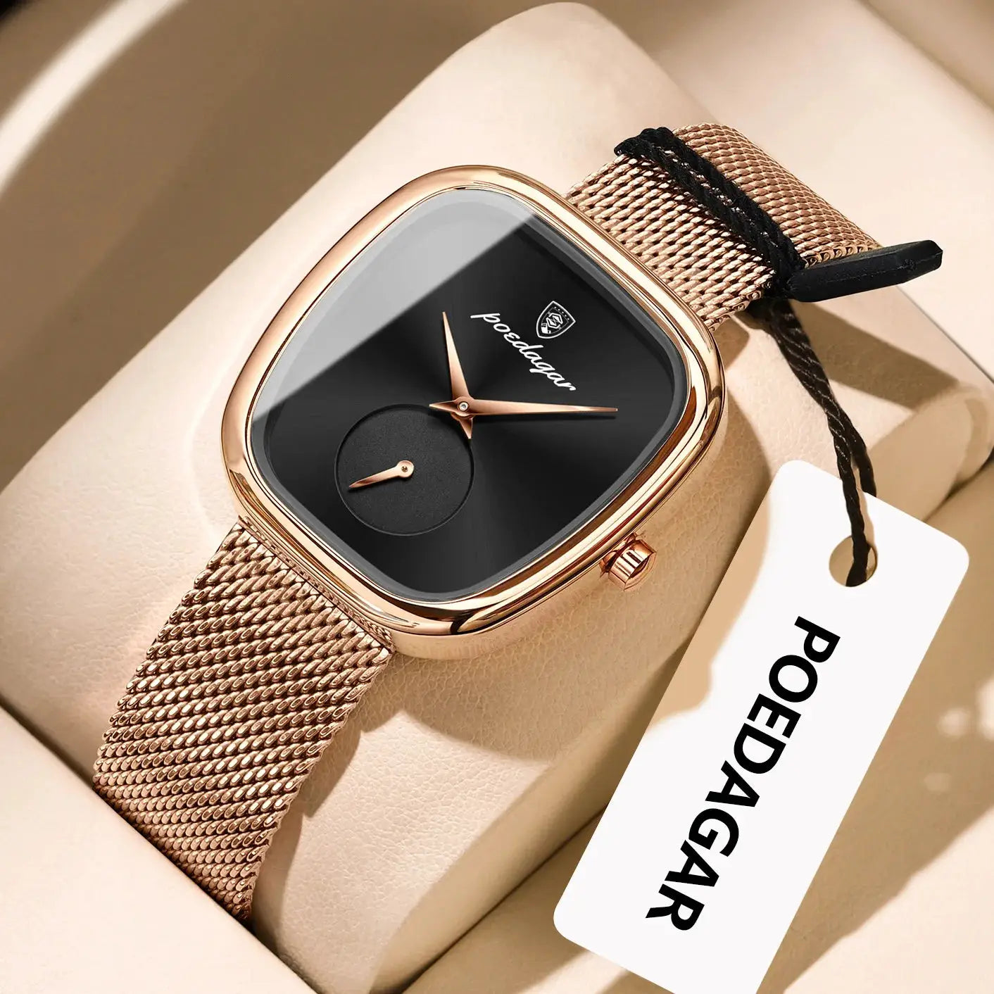 POEDAGAR luxury women's watch with rose-gold stainless steel mesh band and black dial