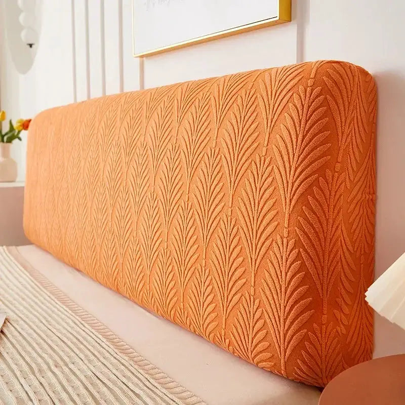 Jacquard bed headboard cover in orange with leaf pattern, elastic backrest slipcover by Simples Market
