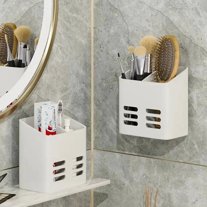 Two white bathroom storage organizers by Simples Market; wall-mounted and shelf units for toiletries and brushes.