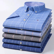 Six stacked men's blue plaid Oxford shirts, 100% cotton, button-down with pocket, Simples Market