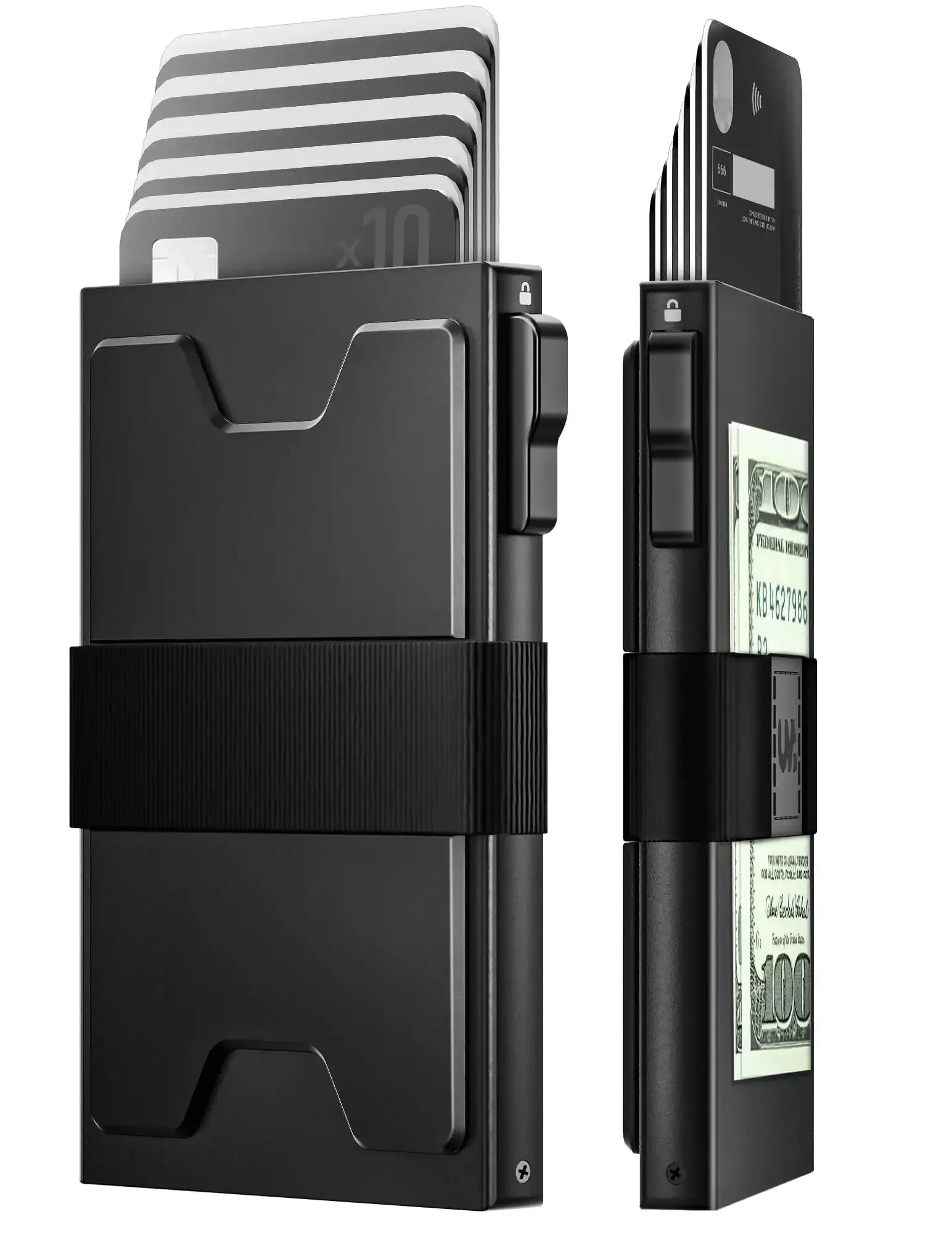 Simples Market slim metal card holder wallet for men with RFID blocking and pop-up cash band.