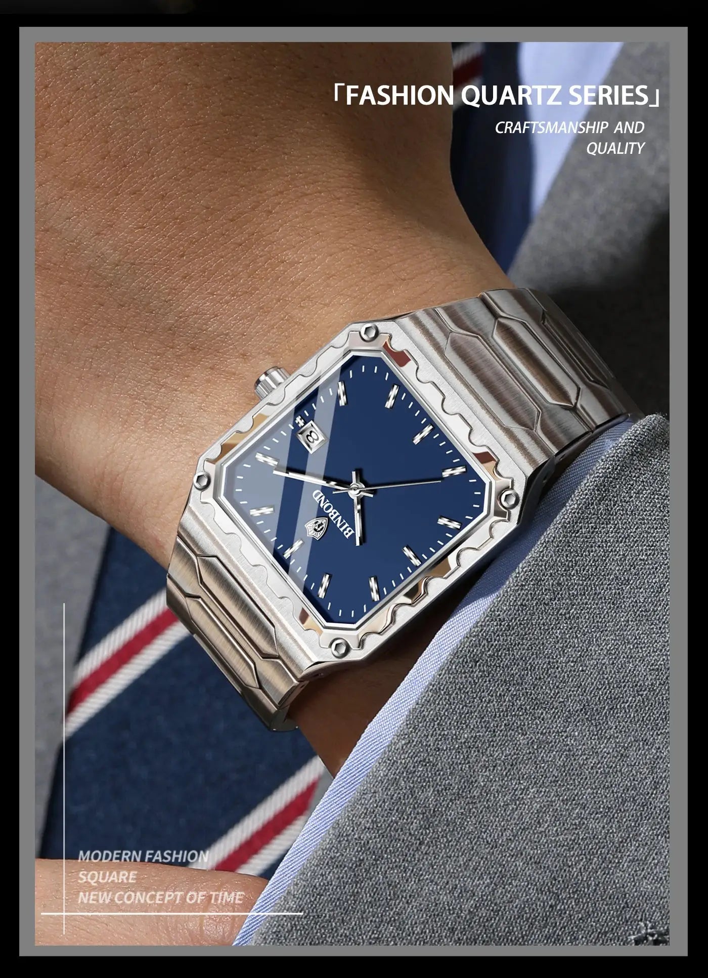 BINBOND men's wristwatch with blue dial, stainless steel band, date display, luminous hands, water resistant