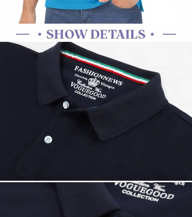 Navy polo shirt with short sleeves and white button placket; VogueGood Collection inner label visible